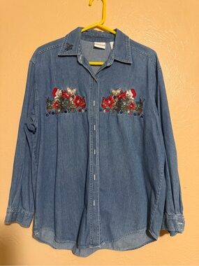 VTG Denim Button-Up Shirt with Red Floral Embroidery